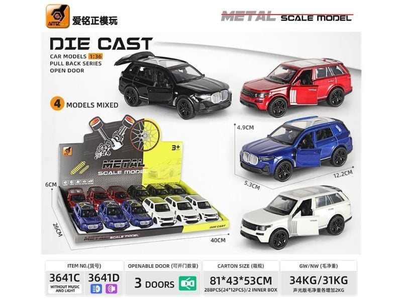 (3641C) 1:36 P/B Die-Cast Car, Open 3 Door, 2 A