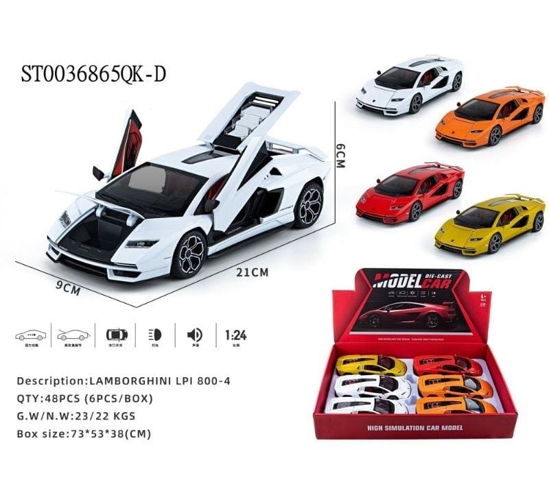 (1900-230) 1:24 P/B Die-Cast Car,Open 4 Doors W/Light& Music 4 Colour Mix W/3*Ag13 6Pcs/D.Bx